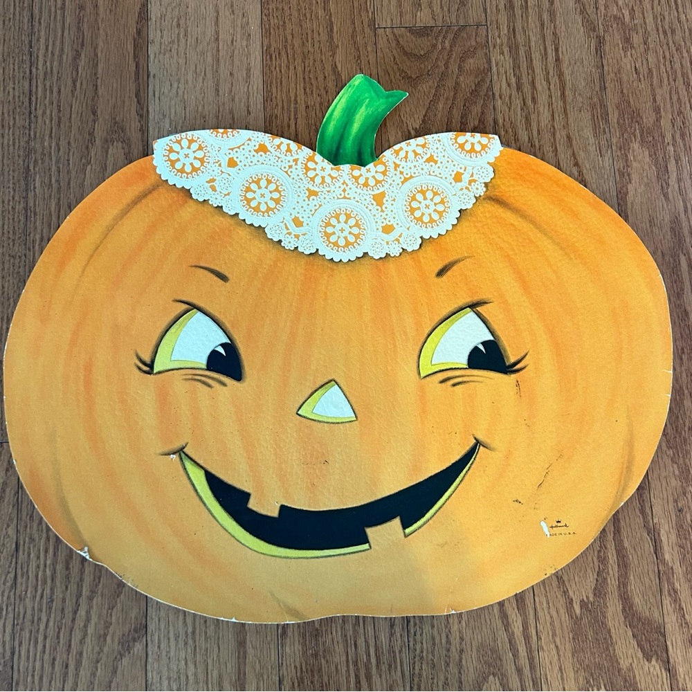 VTG Hallmark Halloween Jack O'Lantern Paper Die Cut 16" Wall Decor Orang…